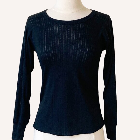 Black Pointelle Knit Crew Neck Tee, Small - Picture 1 of 3